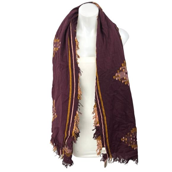 Aritzia Wilfred Purple Cotton Tribal Print Fringe Shawl Wrap Scarf One Size - Picture 1 of 4